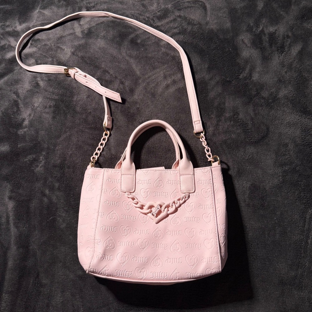 Juicy Couture Pink Embossed Heart Logo Crossbody Satchel Bag Pink Chain Detail